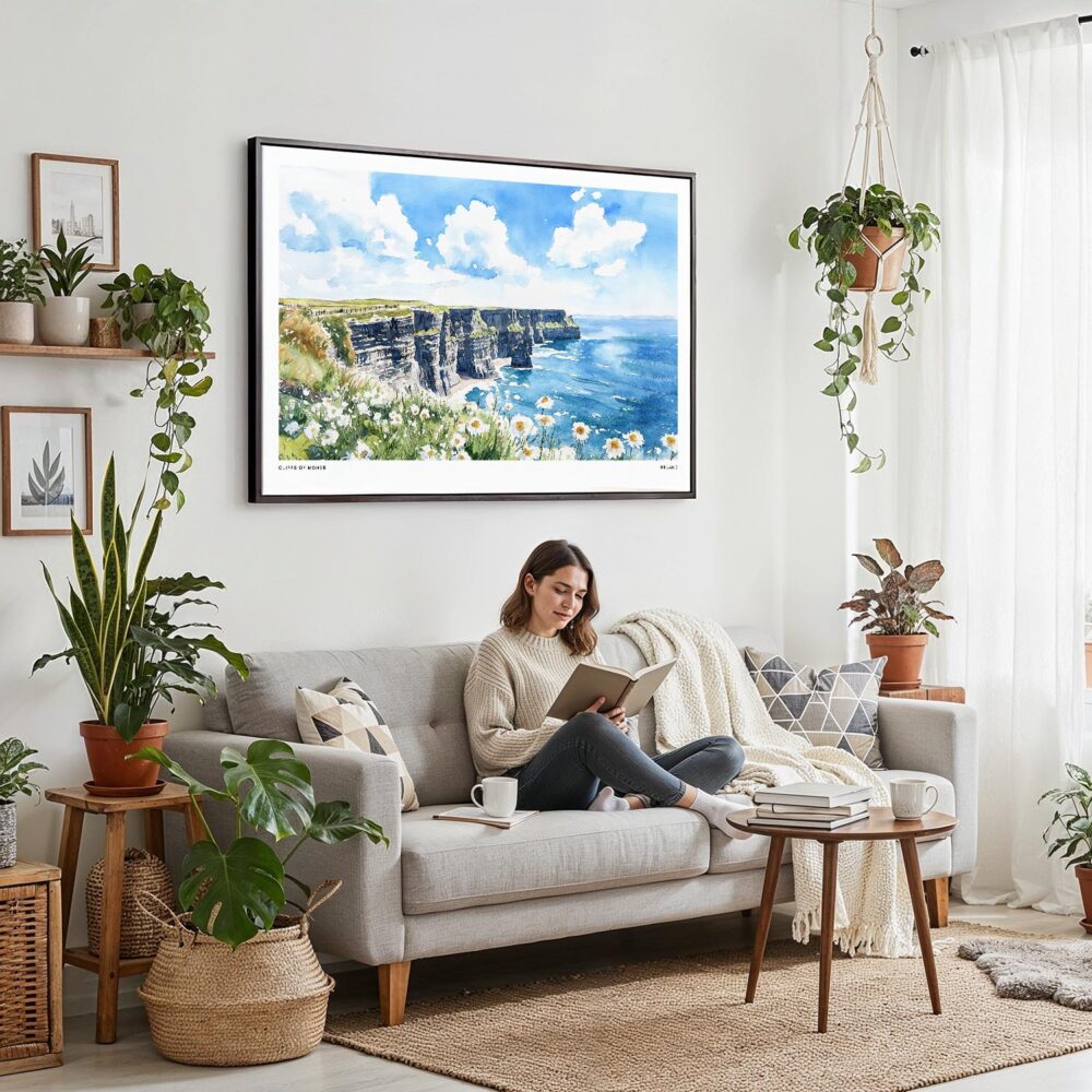 03 - 02 - Framed Ireland - Cliffs of Moher - Horizontal Watercolor Canvas Print - Boho Living Room with Woman reading.jpg 03 - 02 - Framed Ireland - Cliffs of Moher - Horizontal Watercolor Canvas Print - Boho Living Room with Woman reading.jpg