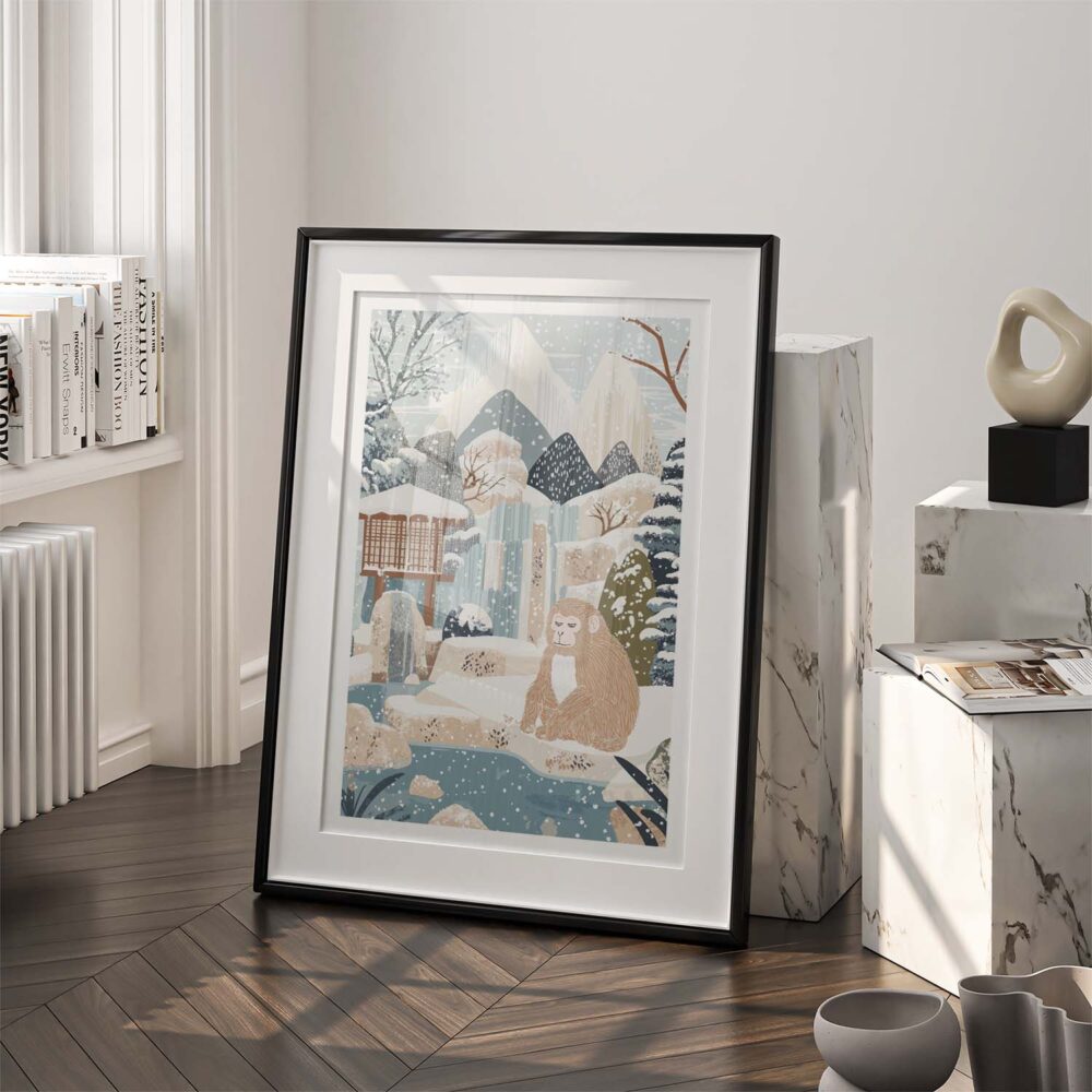 03 - 03 - Japanese Macaque in Outdoor Onsen Winter Landscape Illustration Art - Digital Download - Frame Standing on floor.jpg 03 - 03 - Japanese Macaque in Outdoor Onsen Winter Landscape Illustration Art - Digital Download - Frame Standing on floor.jpg