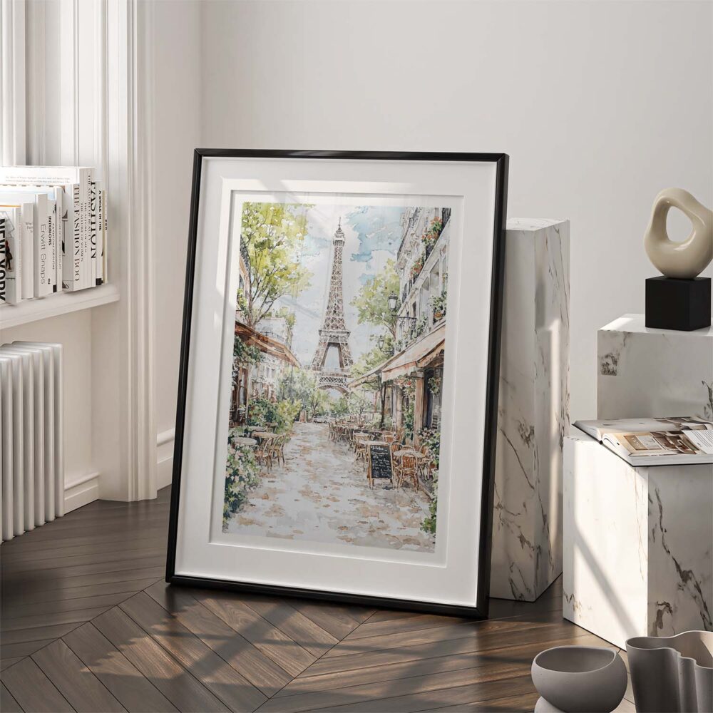 03 - 03 - Paris Cafe street scene with eiffel tower Watercolor@2x Art - Digital Download - Frame Standing on floor.jpg 03 - 03 - Paris Cafe street scene with eiffel tower Watercolor@2x Art - Digital Download - Frame Standing on floor.jpg