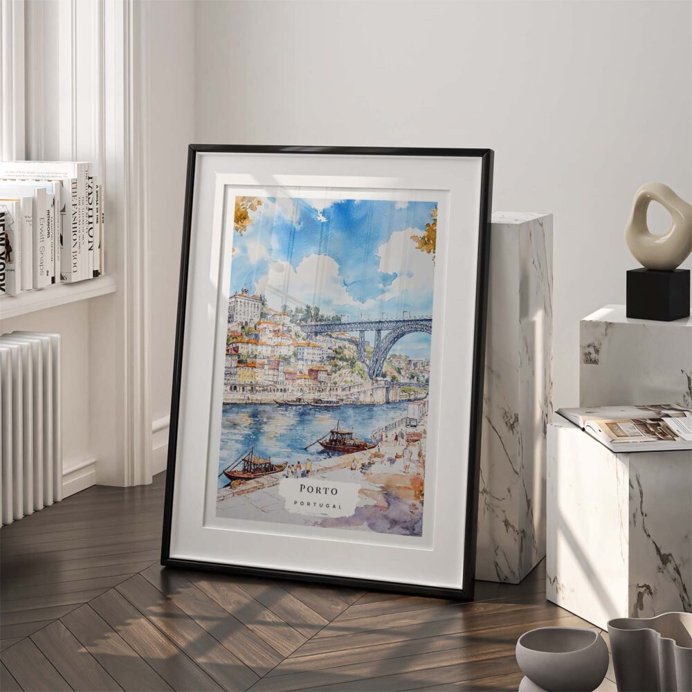 03 - 03 - Porto Ribeira with Dom Luis Bridge Watercolor Art - Digital Download - Frame Standing on floor.jpg 03 - 03 - Porto Ribeira with Dom Luis Bridge Watercolor Art - Digital Download - Frame Standing on floor.jpg