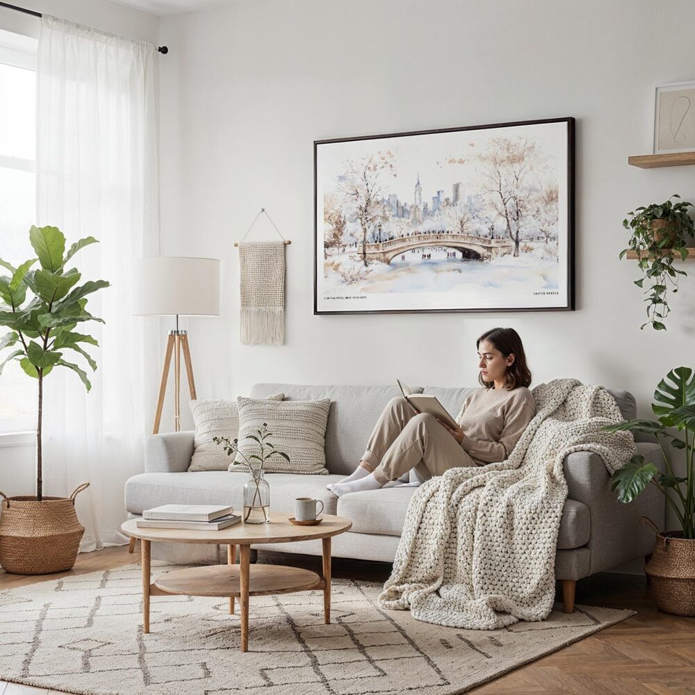 03 - 04 - Framed New York Central Park in Winter Watercolor - Horizontal Canvas Print - Scandi Living Room.jpg 03 - 04 - Framed New York Central Park in Winter Watercolor - Horizontal Canvas Print - Scandi Living Room.jpg