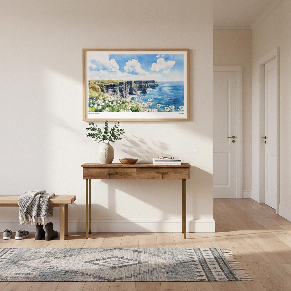 03 - A Framed Ireland - Cliffs of Moher - Horizontal Watercolor Art Print hanging in Hallway.jpg 03 - A Framed Ireland - Cliffs of Moher - Horizontal Watercolor Art Print hanging in Hallway.jpg
