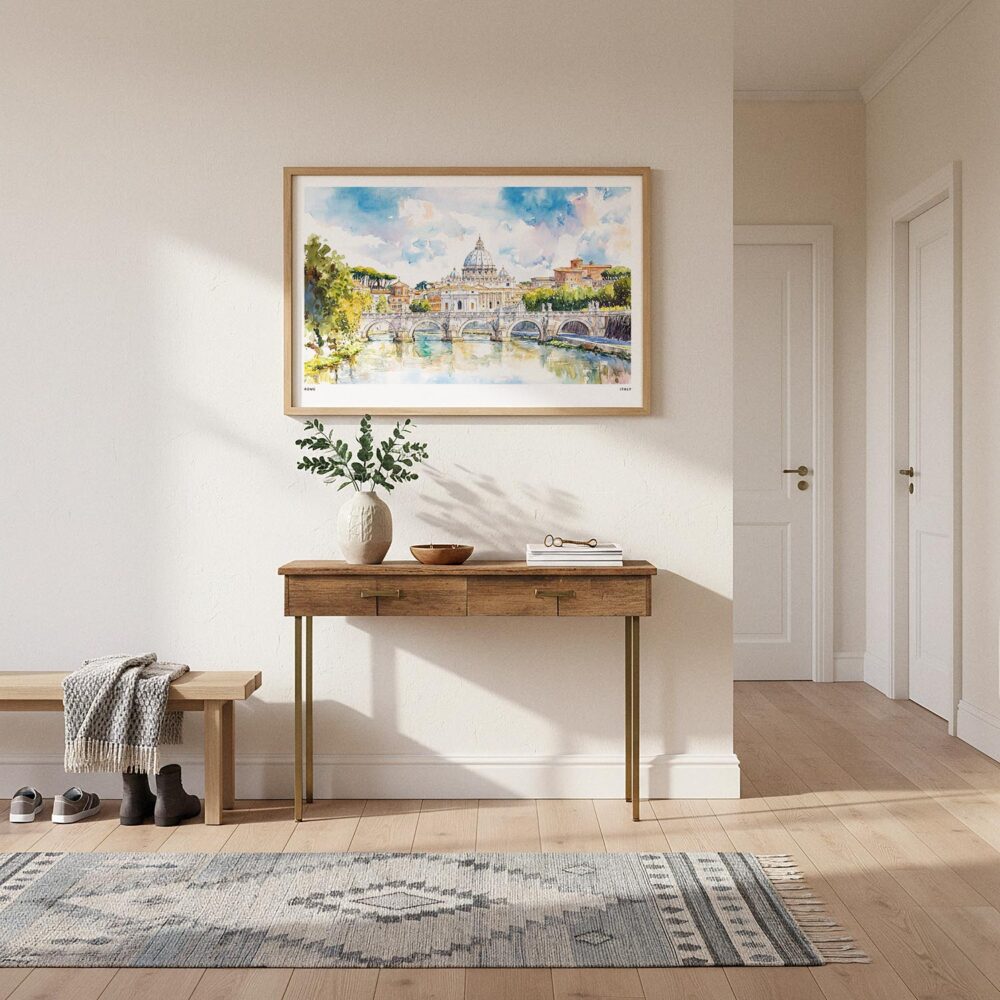 03 - A Framed Rome Vitrus Capitol Watercolor - Horizontal Art Print hanging in Hallway.jpg 03 - A Framed Rome Vitrus Capitol Watercolor - Horizontal Art Print hanging in Hallway.jpg