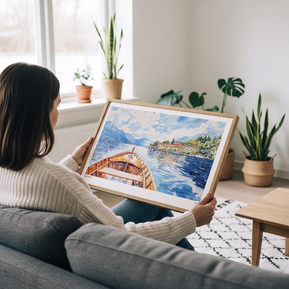 03 - A Woman Holding A Framed Lake Como Watercolor - Horizontal Art Print.jpg 03 - A Woman Holding A Framed Lake Como Watercolor - Horizontal Art Print.jpg