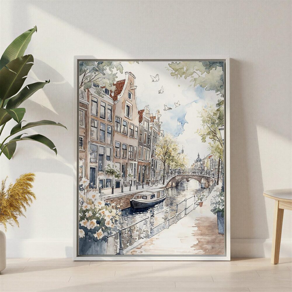 03 - Amsterdam - Watercolor 2 Canvas Print with White Floater Frame - Standing on Floor - Vertical.jpg 03 - Amsterdam - Watercolor 2 Canvas Print with White Floater Frame - Standing on Floor - Vertical.jpg