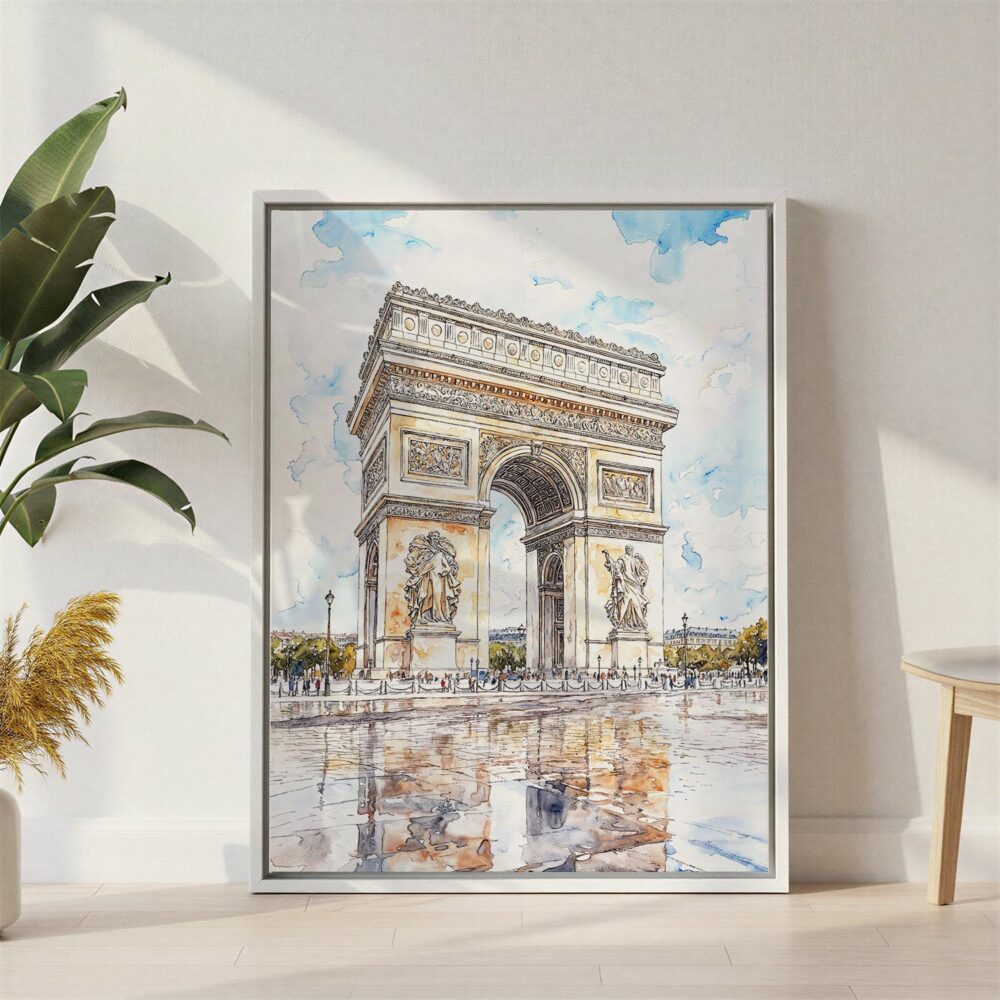 03 - Arc De Triomphe watercolor Canvas Print with White Floater Frame - Standing on Floor - Vertical.jpg 03 - Arc De Triomphe watercolor Canvas Print with White Floater Frame - Standing on Floor - Vertical.jpg