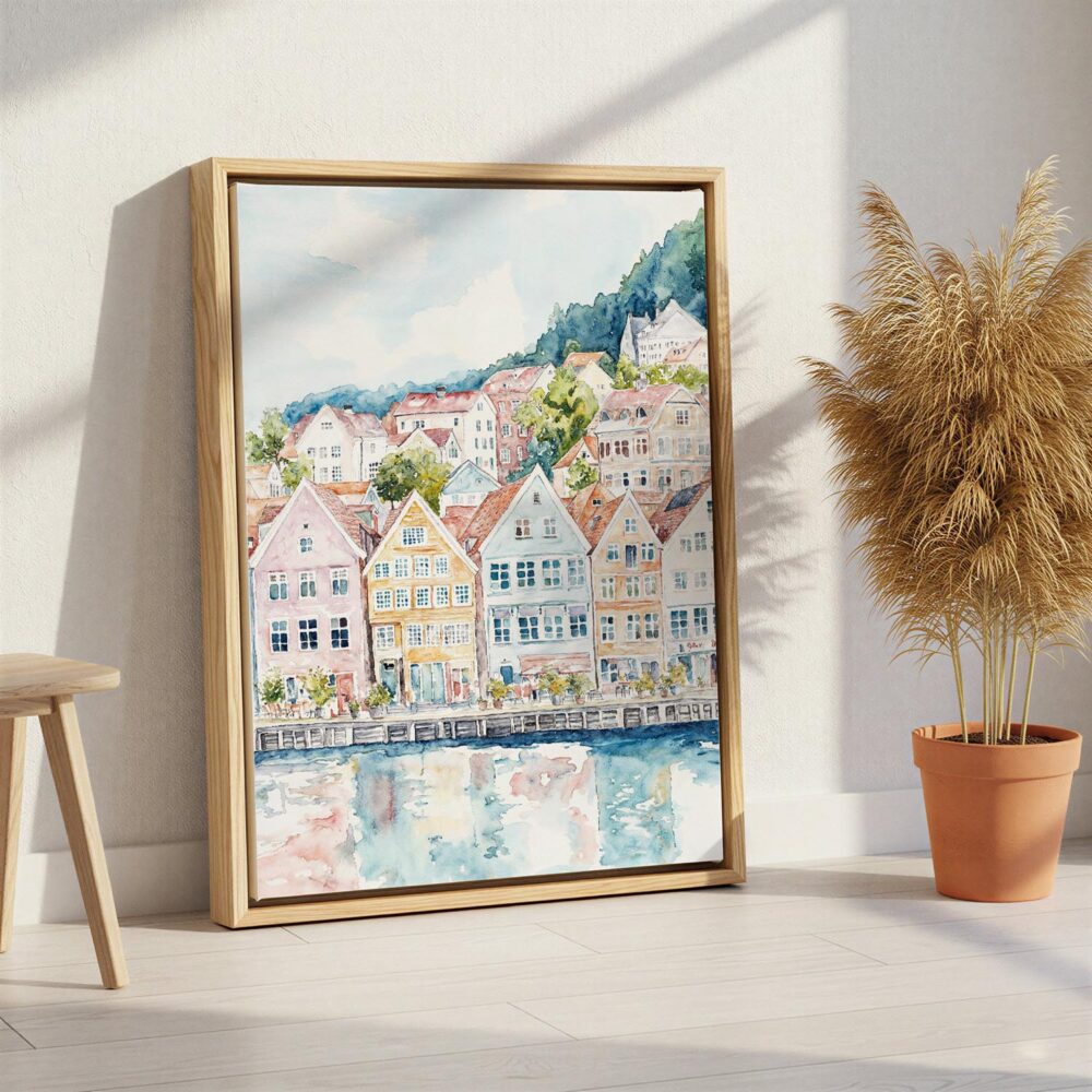 03 - Bergen Norway Houses Watercolor Canvas Print with Natural Floater Frame - Standing on Floor - Vertical.jpg 03 - Bergen Norway Houses Watercolor Canvas Print with Natural Floater Frame - Standing on Floor - Vertical.jpg