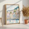 03 - Bergen Norway Houses Watercolor Canvas Print with Natural Floater Frame - Standing on Floor - Vertical.jpg