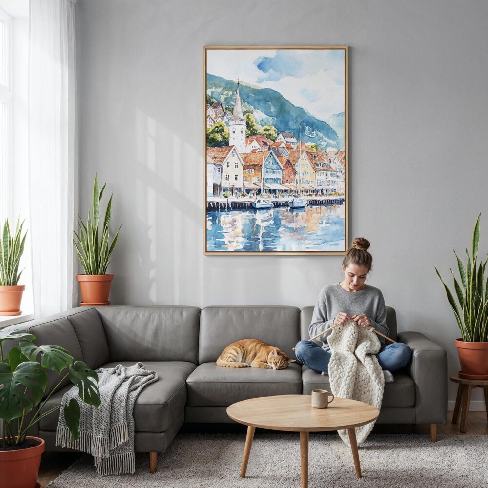 03 - Bergen Norway Waterfront Watercolor Canvas Print with Natural Floater Frame - Woman Knitting on grey couch - Vertical.jpg 03 - Bergen Norway Waterfront Watercolor Canvas Print with Natural Floater Frame - Woman Knitting on grey couch - Vertical.jpg