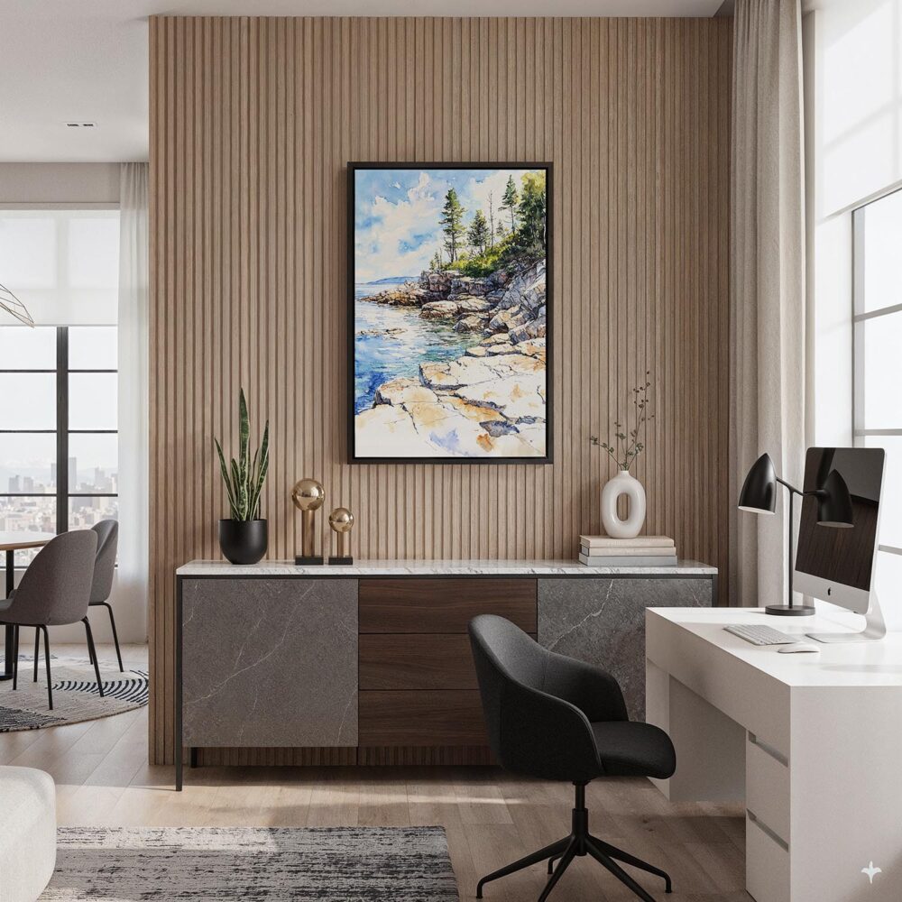 03 - Black Framed Acadia National Park Watercolor Canvas Print - Home Office - Vertical.jpg 03 - Black Framed Acadia National Park Watercolor Canvas Print - Home Office - Vertical.jpg