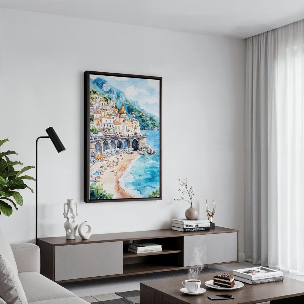 03 - Black Framed Atrani Italy Watercolor Canvas Print - Contemporary Living Room - Vertical.jpg 03 - Black Framed Atrani Italy Watercolor Canvas Print - Contemporary Living Room - Vertical.jpg