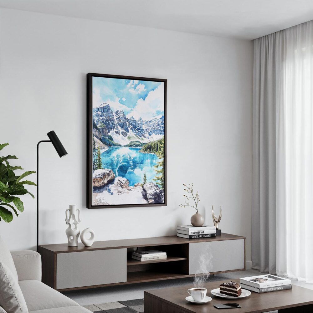 03 - Black Framed Banff National Park Watercolor Canvas Print - Contemporary Living Room - Vertical.jpg 03 - Black Framed Banff National Park Watercolor Canvas Print - Contemporary Living Room - Vertical.jpg
