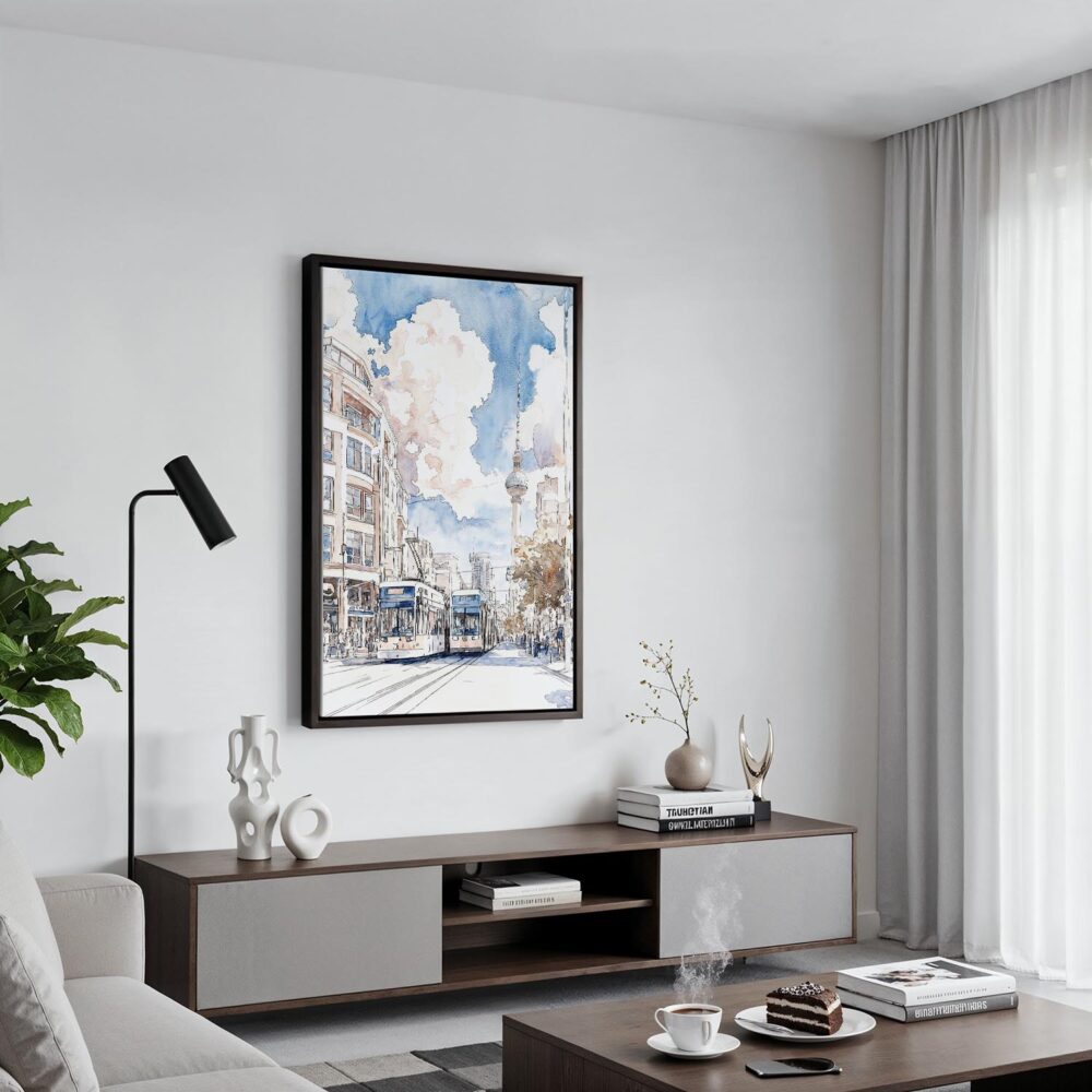 03 - Black Framed Berlin Watercolor Canvas Print - Contemporary Living Room - Vertical.jpg 03 - Black Framed Berlin Watercolor Canvas Print - Contemporary Living Room - Vertical.jpg