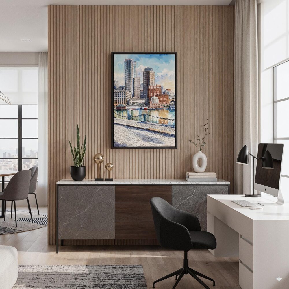 03 - Black Framed Boston Harbor Watercolor Canvas Print - Home Office - Vertical.jpg 03 - Black Framed Boston Harbor Watercolor Canvas Print - Home Office - Vertical.jpg