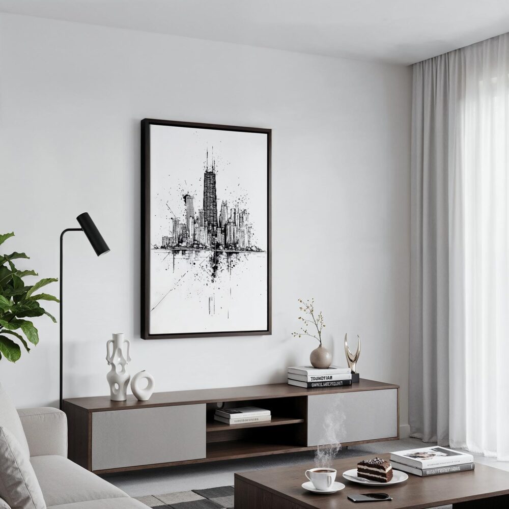 03 - Black Framed Chicago Pencil Art Canvas Print - Contemporary Living Room - Vertical.jpg 03 - Black Framed Chicago Pencil Art Canvas Print - Contemporary Living Room - Vertical.jpg