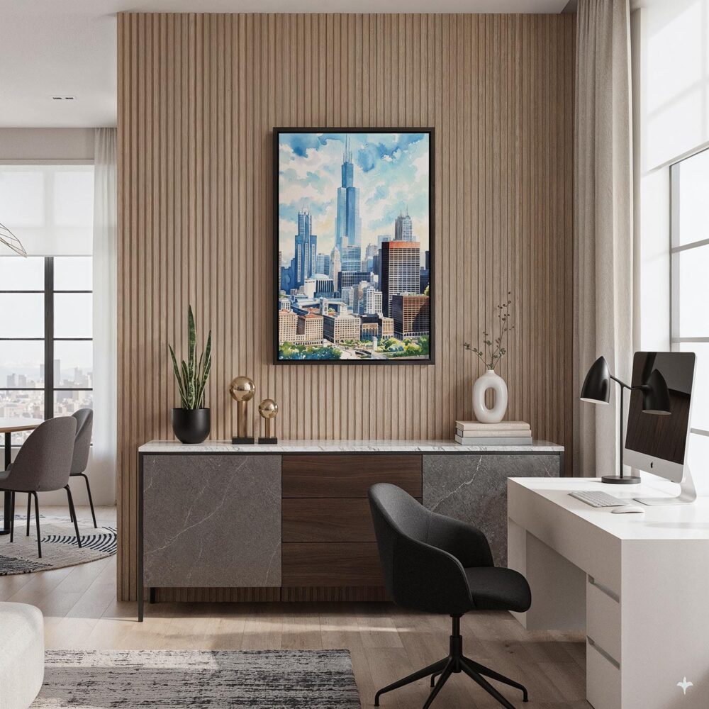 03 - Black Framed Chicago Willis Tower Watercolor Canvas Print - Home Office - Vertical.jpg 03 - Black Framed Chicago Willis Tower Watercolor Canvas Print - Home Office - Vertical.jpg
