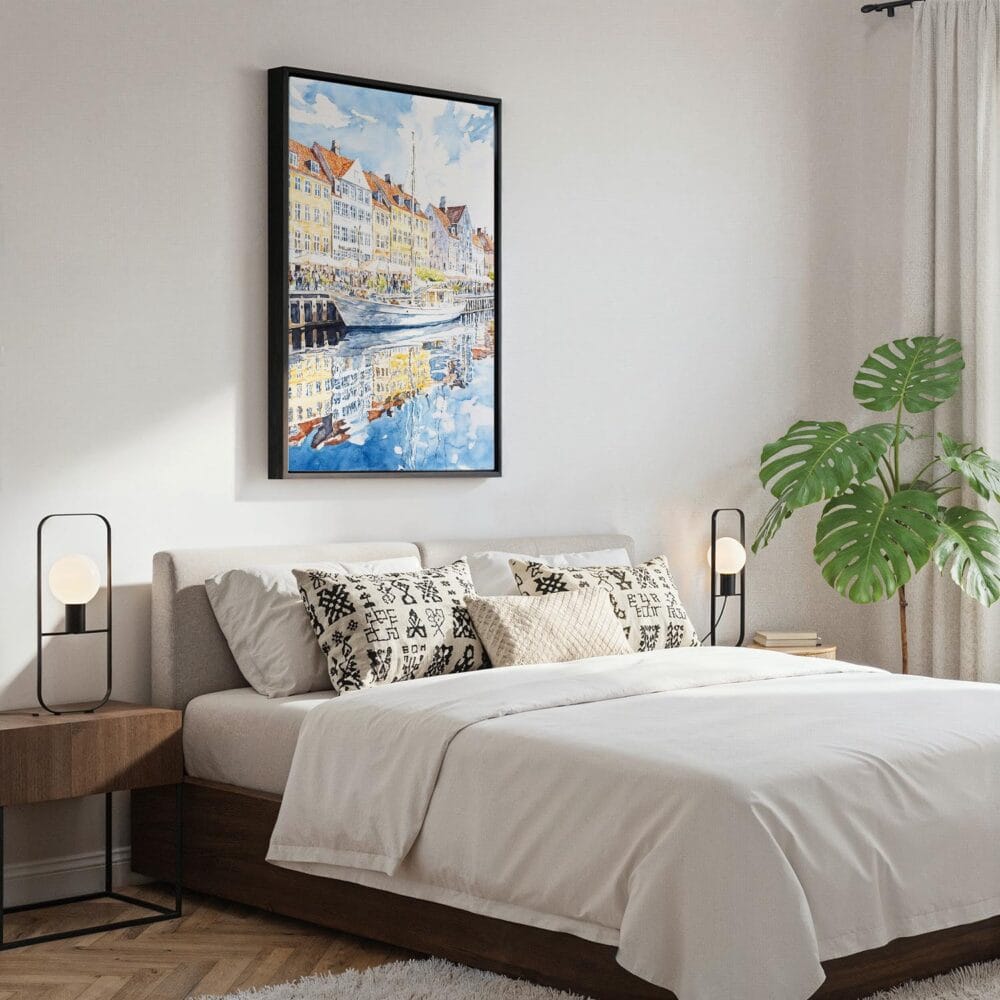 03 - Black Framed Copenhagen Denmark Watercolor Canvas Print - Bedroom - Vertical.jpg 03 - Black Framed Copenhagen Denmark Watercolor Canvas Print - Bedroom - Vertical.jpg