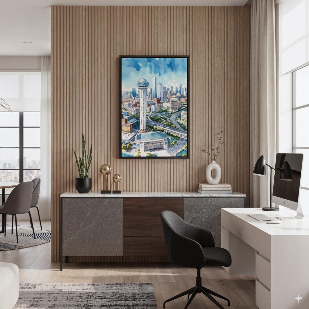 03 - Black Framed Dallas Texas Skyline Watercolor Canvas Print - Home Office - Vertical.jpg 03 - Black Framed Dallas Texas Skyline Watercolor Canvas Print - Home Office - Vertical.jpg