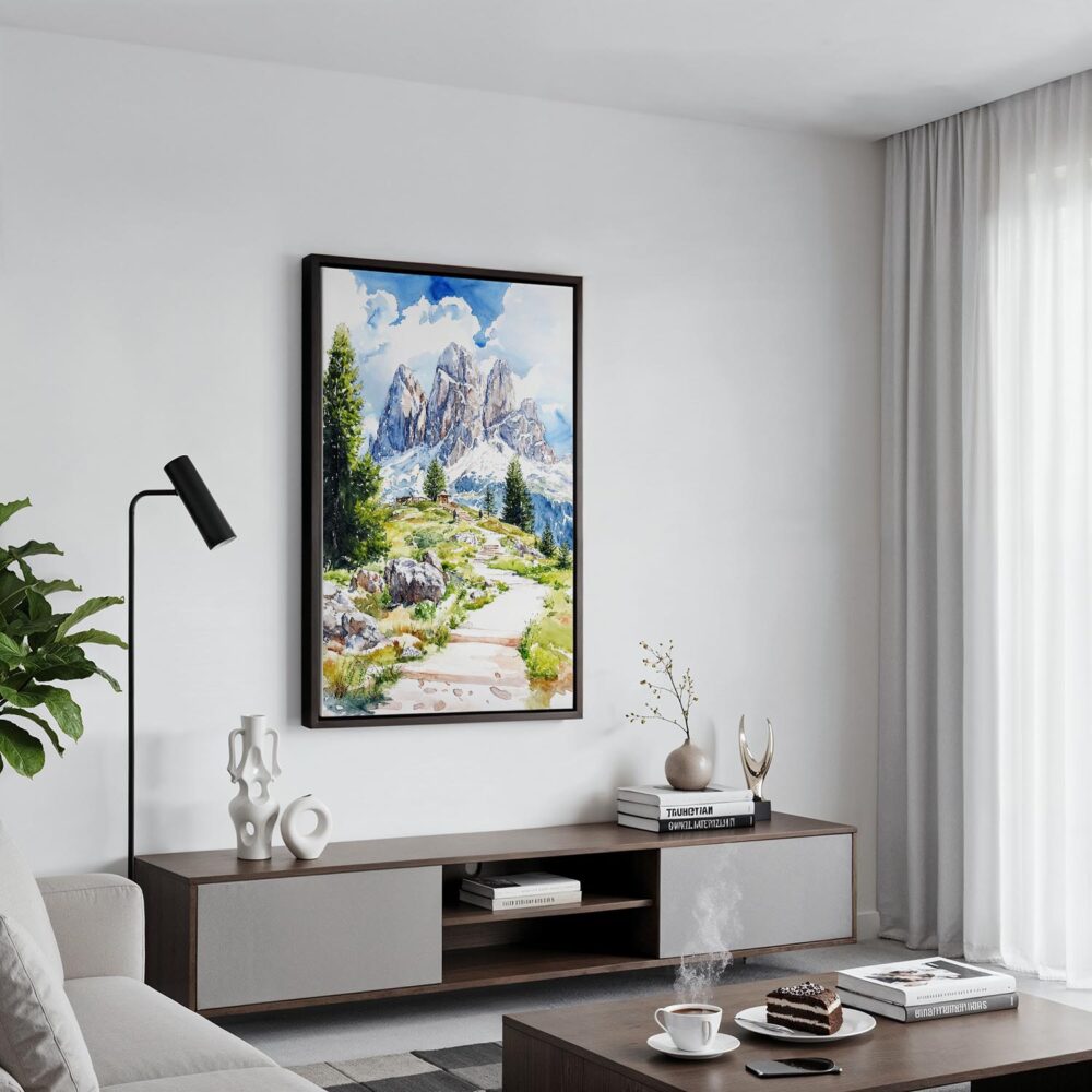 03 - Black Framed Dolomites Hiking Watercolor Canvas Print - Contemporary Living Room - Vertical.jpg 03 - Black Framed Dolomites Hiking Watercolor Canvas Print - Contemporary Living Room - Vertical.jpg