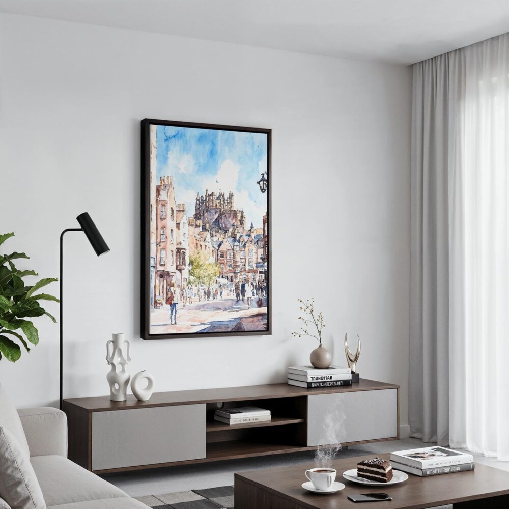 03 - Black Framed Edinburgh watercolor Canvas Print - Contemporary Living Room - Vertical.jpg 03 - Black Framed Edinburgh watercolor Canvas Print - Contemporary Living Room - Vertical.jpg