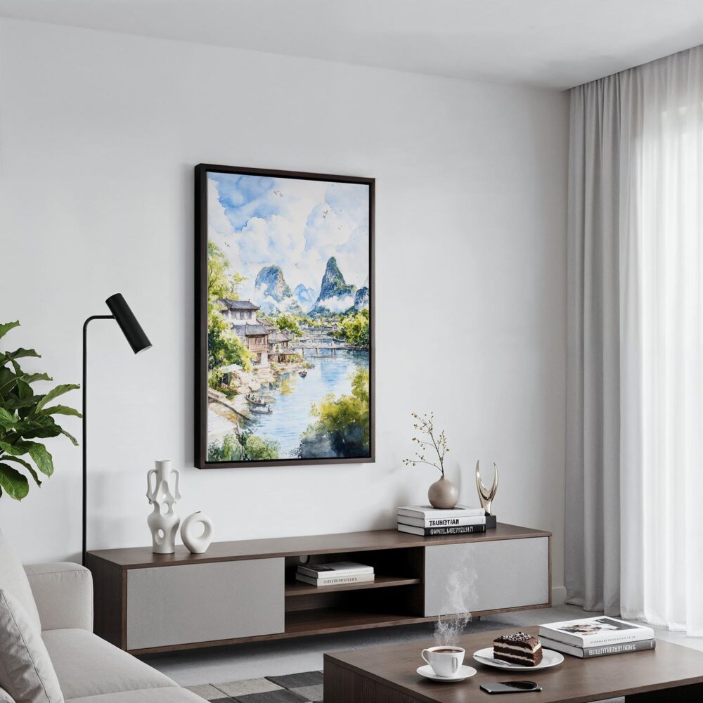 03 - Black Framed Guilin China Watercolor Canvas Print - Contemporary Living Room - Vertical.jpg 03 - Black Framed Guilin China Watercolor Canvas Print - Contemporary Living Room - Vertical.jpg