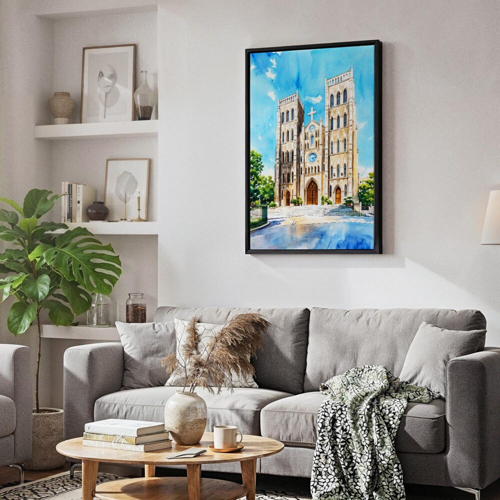 03 - Black Framed Hanoi St Josephs Cathedral Watercolor Canvas Print - Skandinavian Living Room - Vertical.jpg 03 - Black Framed Hanoi St Josephs Cathedral Watercolor Canvas Print - Skandinavian Living Room - Vertical.jpg