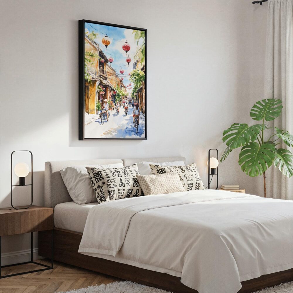 03 - Black Framed Hoi An Vietnam Watercolor Canvas Print - Bedroom - Vertical.jpg 03 - Black Framed Hoi An Vietnam Watercolor Canvas Print - Bedroom - Vertical.jpg