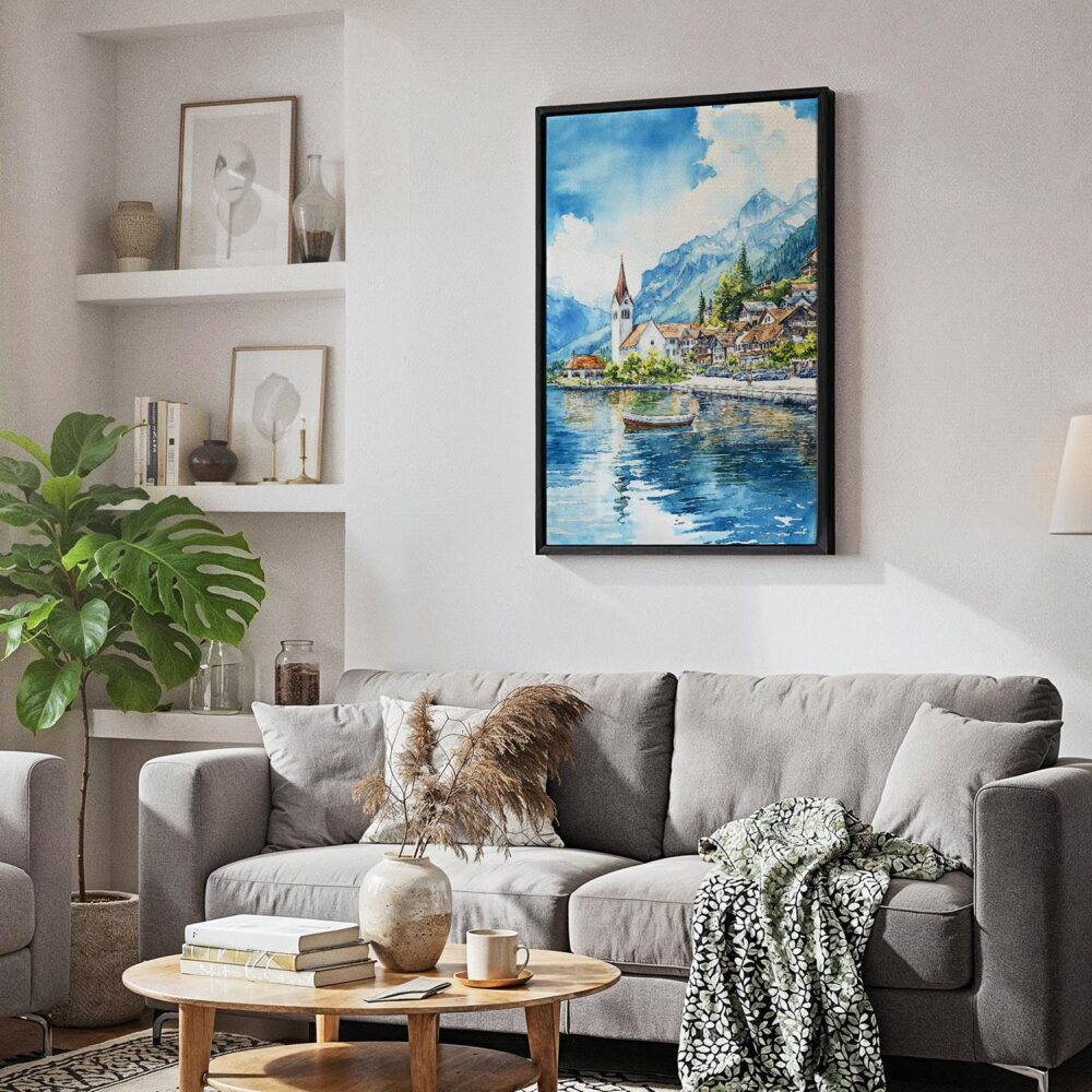 03 - Black Framed Interlaken Watercolor Canvas Print - Skandinavian Living Room - Vertical.jpg 03 - Black Framed Interlaken Watercolor Canvas Print - Skandinavian Living Room - Vertical.jpg