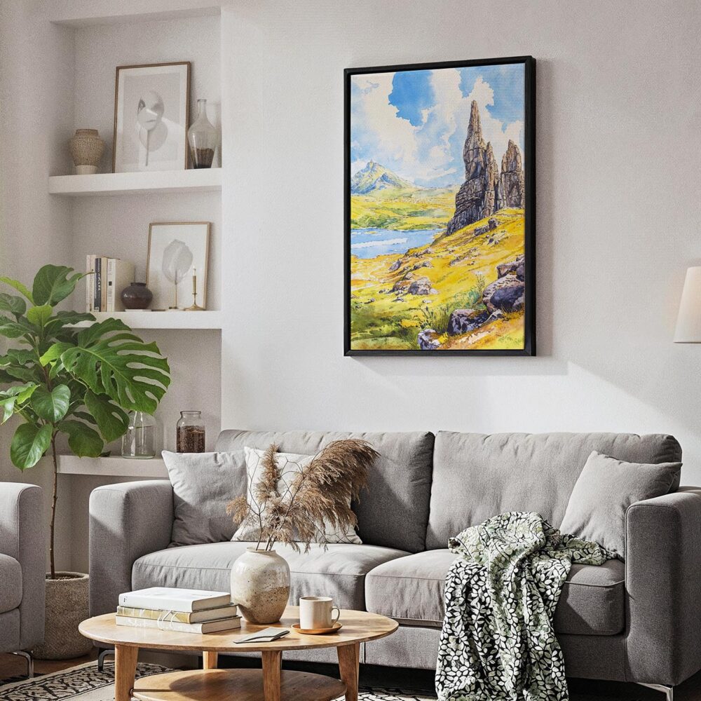 03 - Black Framed Isle of Skye Watercolor Canvas Print - Skandinavian Living Room - Vertical.jpg 03 - Black Framed Isle of Skye Watercolor Canvas Print - Skandinavian Living Room - Vertical.jpg