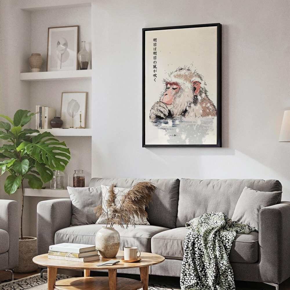 03 - Black Framed Japanese Macaque in Onsen Vintage Illustration Canvas Print - Skandinavian Living Room - Vertical.jpg 03 - Black Framed Japanese Macaque in Onsen Vintage Illustration Canvas Print - Skandinavian Living Room - Vertical.jpg