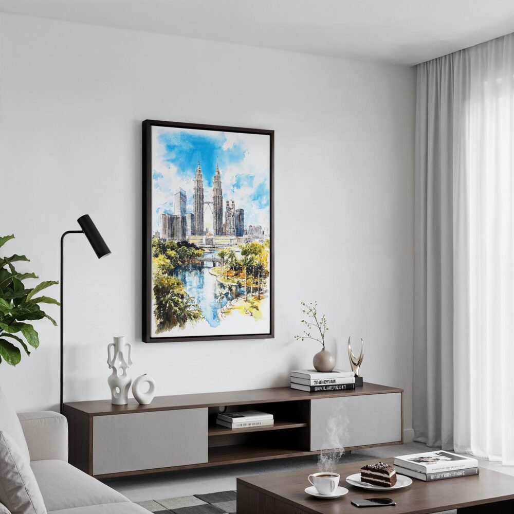 03 - Black Framed Kuala Lumpur Watercolor Canvas Print - Contemporary Living Room - Vertical.jpg 03 - Black Framed Kuala Lumpur Watercolor Canvas Print - Contemporary Living Room - Vertical.jpg