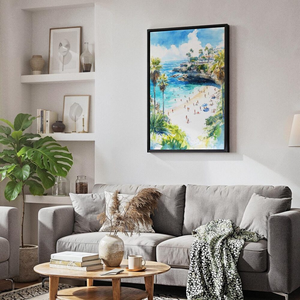 03 - Black Framed La Jolla Beach Watercolor Canvas Print - Skandinavian Living Room - Vertical.jpg 03 - Black Framed La Jolla Beach Watercolor Canvas Print - Skandinavian Living Room - Vertical.jpg