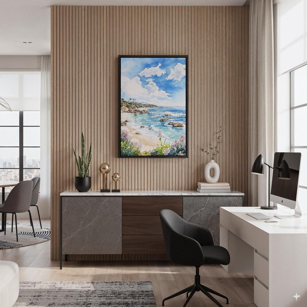 03 - Black Framed Laguna Beach Coast Watercolor Canvas Print - Home Office - Vertical.jpg 03 - Black Framed Laguna Beach Coast Watercolor Canvas Print - Home Office - Vertical.jpg