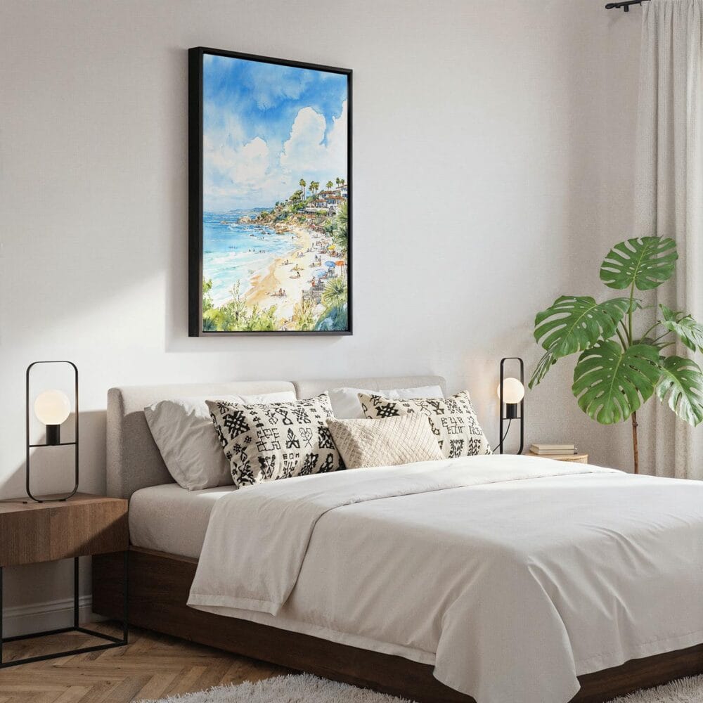 03 - Black Framed Laguna Beach Watercolor Canvas Print - Bedroom - Vertical.jpg 03 - Black Framed Laguna Beach Watercolor Canvas Print - Bedroom - Vertical.jpg