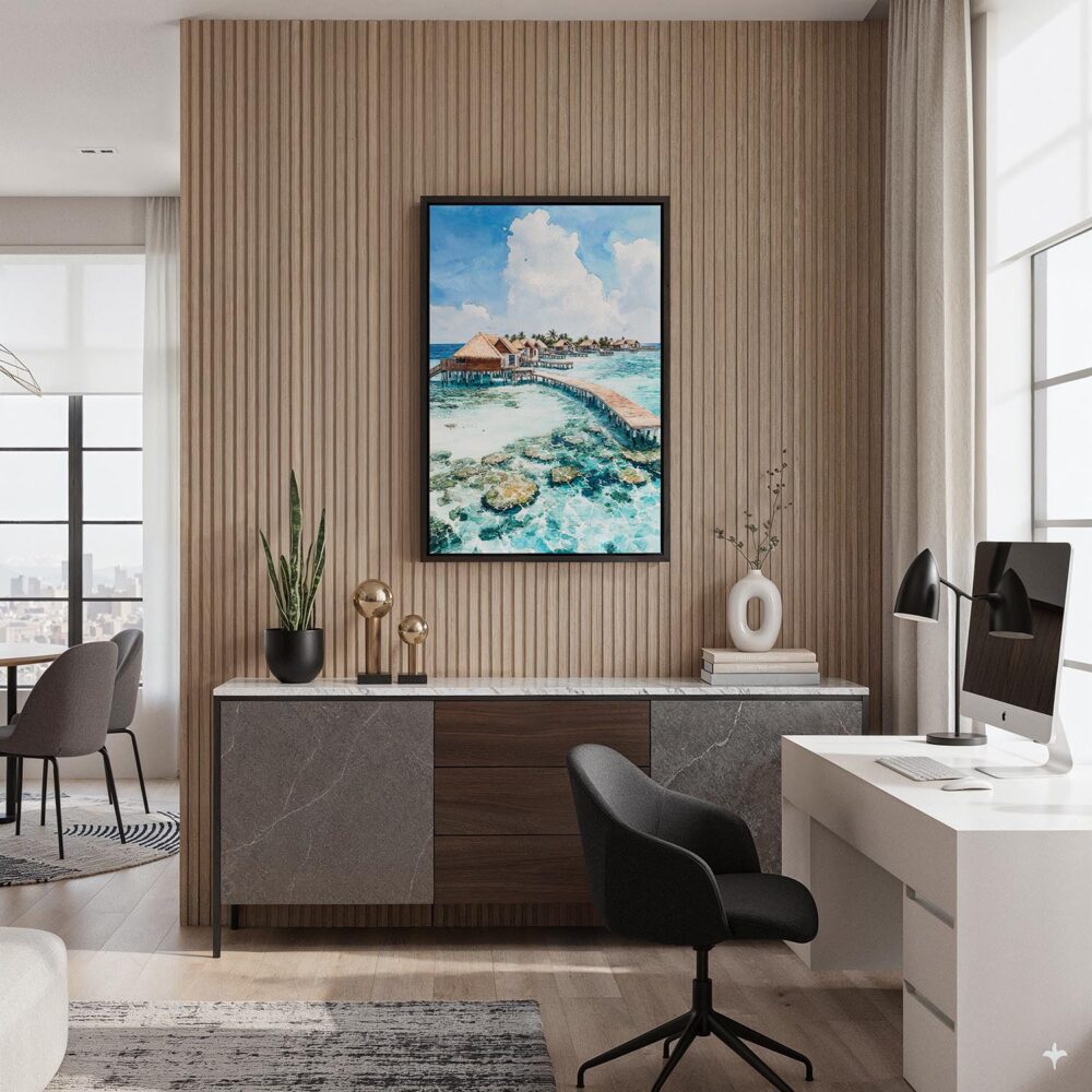03 - Black Framed Maldives Watercolor Canvas Print - Home Office - Vertical.jpg 03 - Black Framed Maldives Watercolor Canvas Print - Home Office - Vertical.jpg