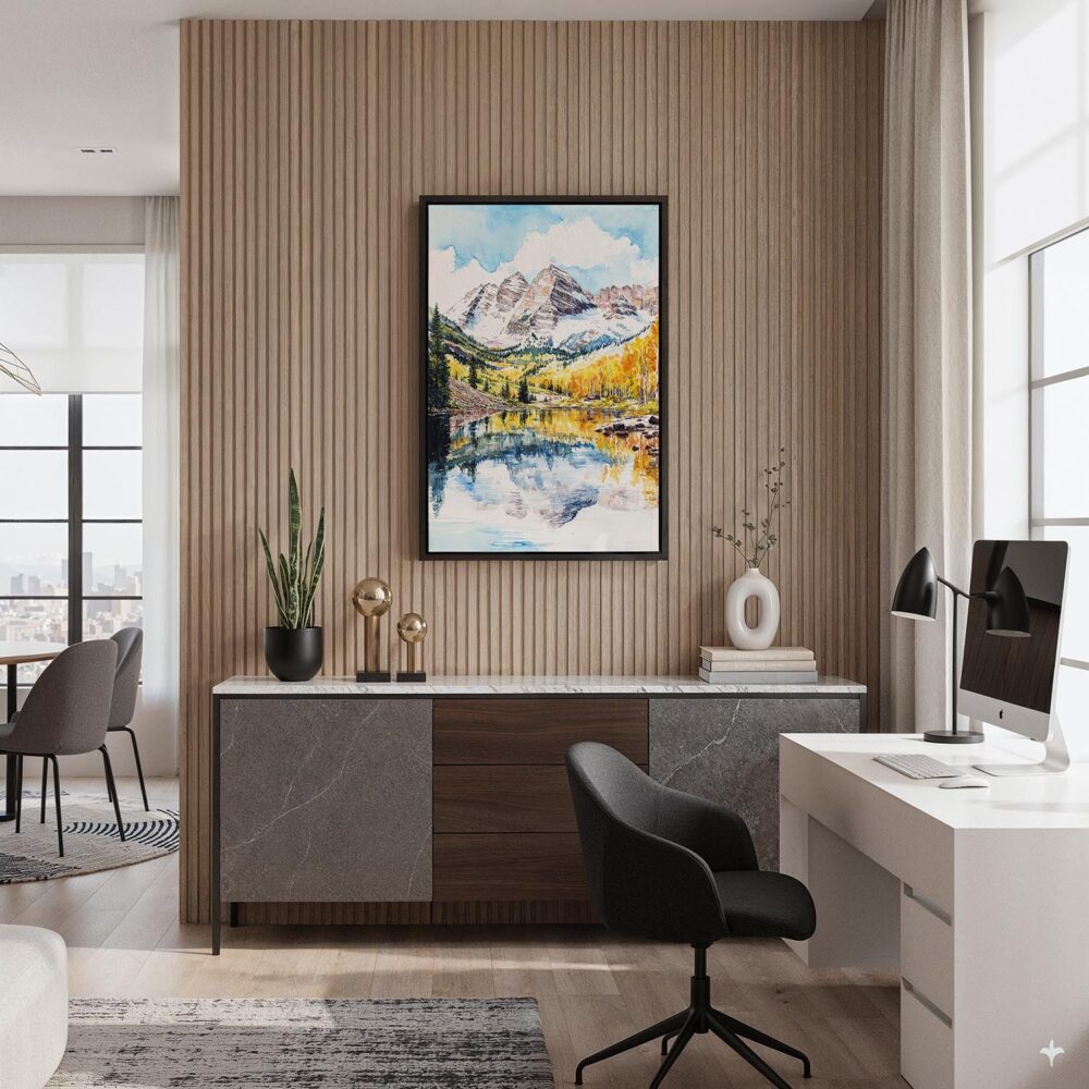 03 - Black Framed Maroon Bells Aspen Watercolor Canvas Print - Home Office - Vertical.jpg 03 - Black Framed Maroon Bells Aspen Watercolor Canvas Print - Home Office - Vertical.jpg