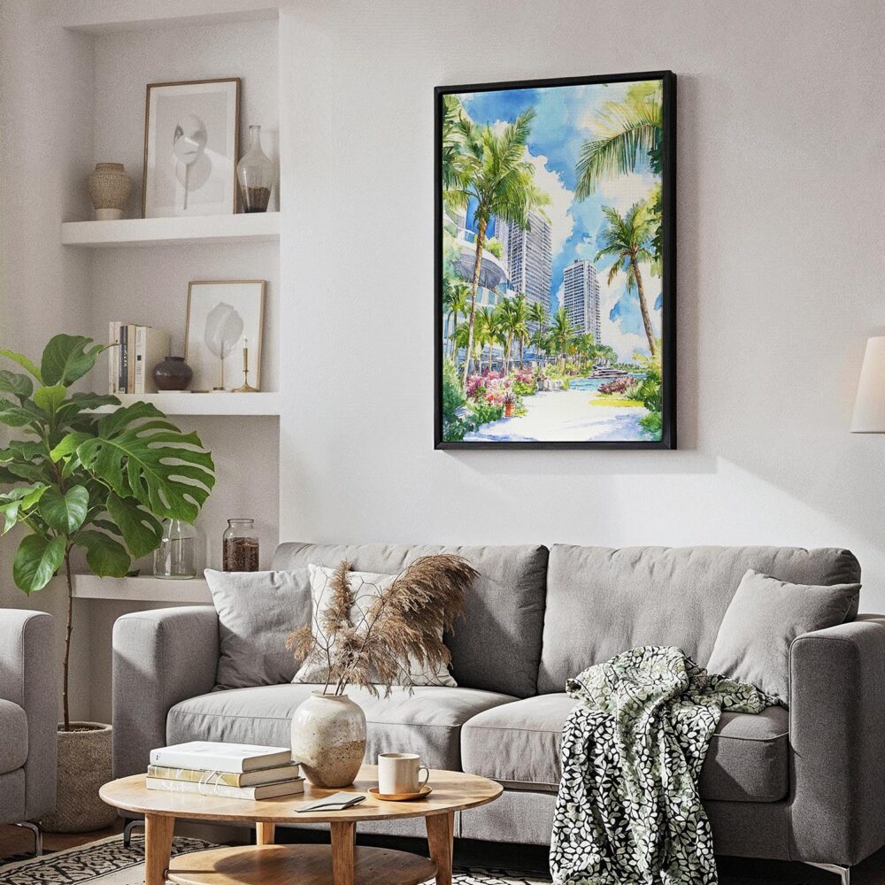 03 - Black Framed Miami Beach Watercolor Canvas Print - Skandinavian Living Room - Vertical.jpg 03 - Black Framed Miami Beach Watercolor Canvas Print - Skandinavian Living Room - Vertical.jpg