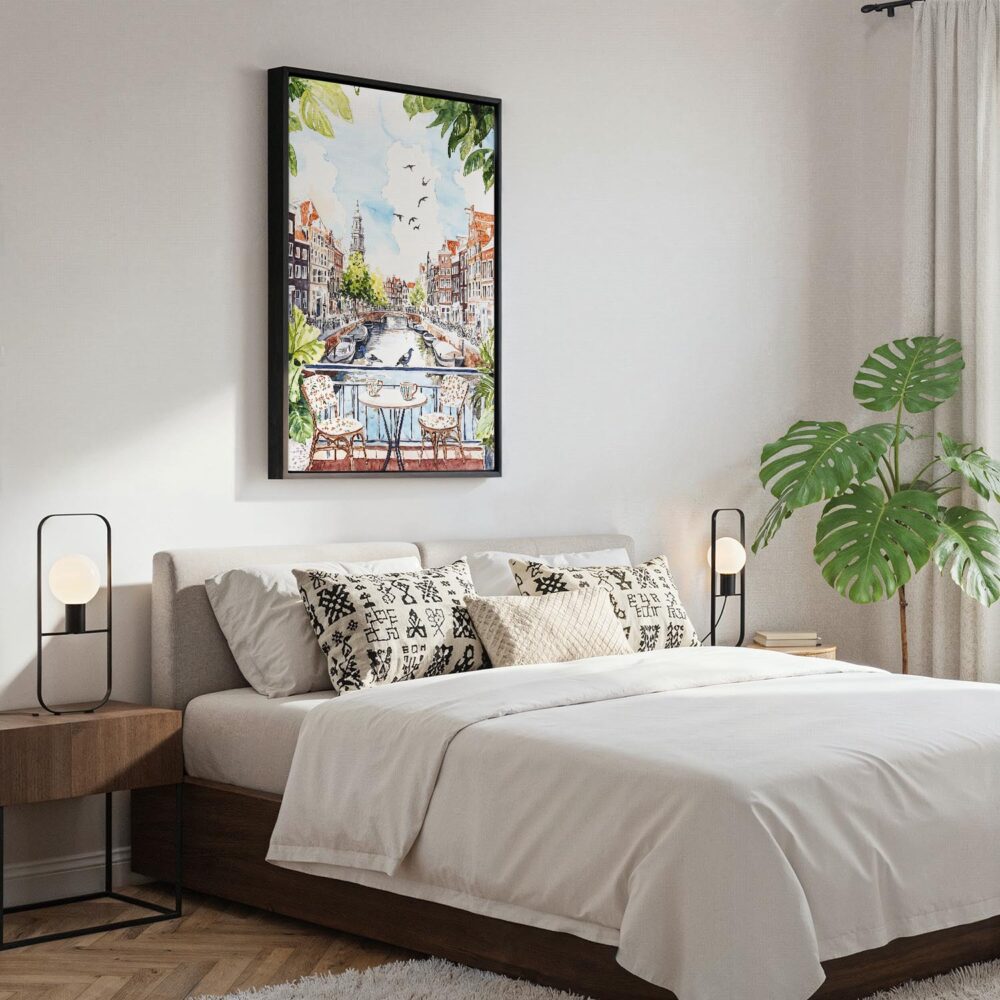 03 - Black Framed Morning Coffee in Amsterdam Watercolor Canvas Print - Bedroom - Vertical.jpg 03 - Black Framed Morning Coffee in Amsterdam Watercolor Canvas Print - Bedroom - Vertical.jpg