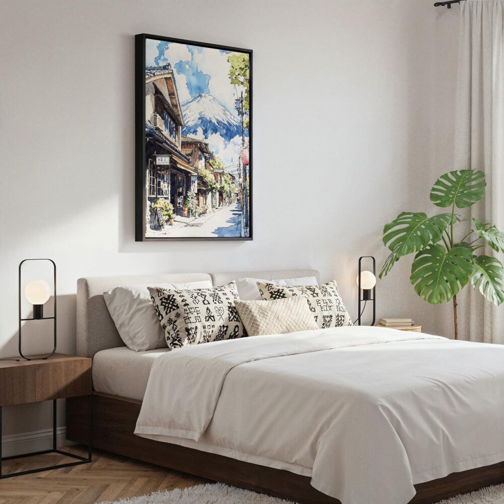 03 - Black Framed Mount Fuji and Village - Watercolor Canvas Print - Bedroom - Vertical.jpg 03 - Black Framed Mount Fuji and Village - Watercolor Canvas Print - Bedroom - Vertical.jpg