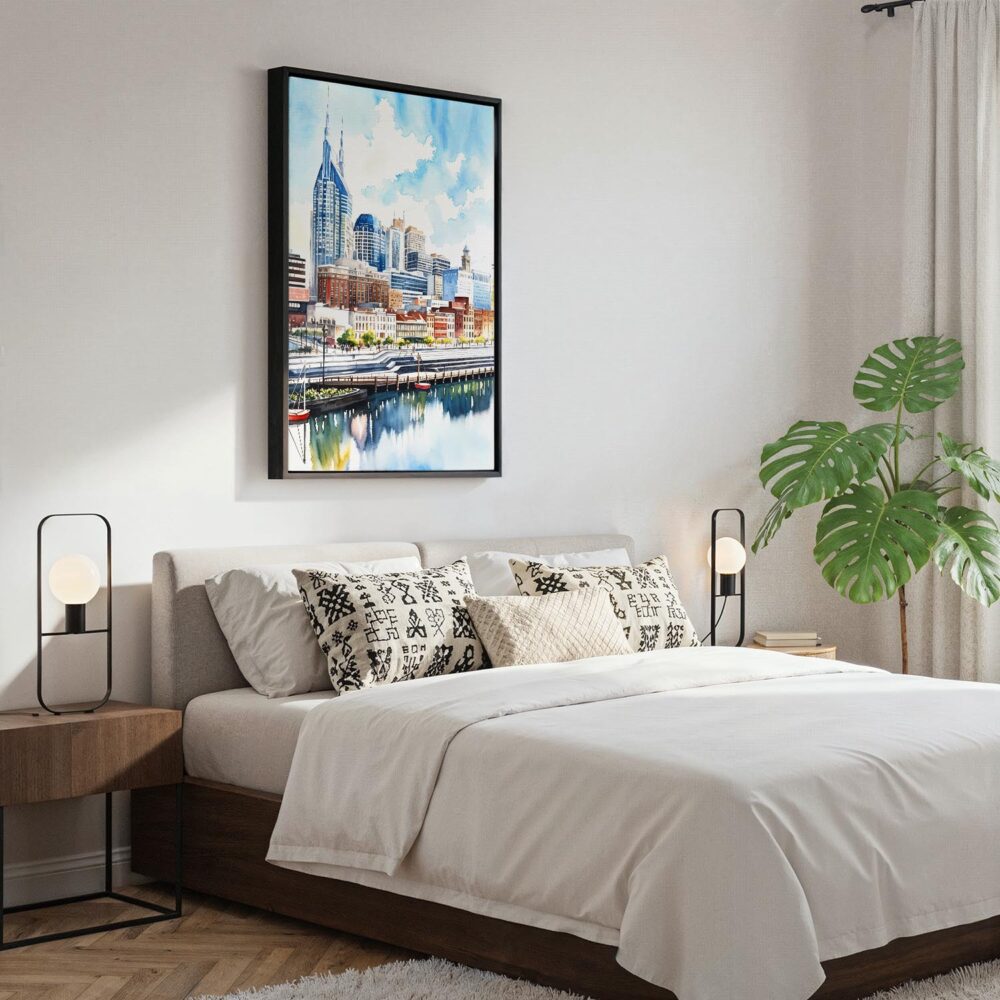 03 - Black Framed Nashville Skyline Watercolor Canvas Print - Bedroom - Vertical.jpg 03 - Black Framed Nashville Skyline Watercolor Canvas Print - Bedroom - Vertical.jpg