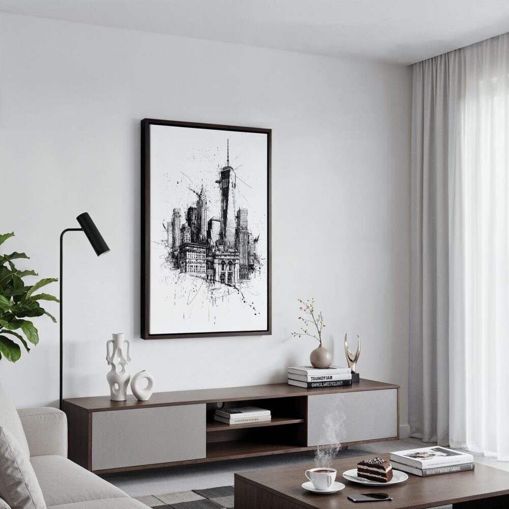 03 - Black Framed One World Trade Center - Pencil Drawimg Canvas Print - Contemporary Living Room - Vertical.jpg 03 - Black Framed One World Trade Center - Pencil Drawimg Canvas Print - Contemporary Living Room - Vertical.jpg