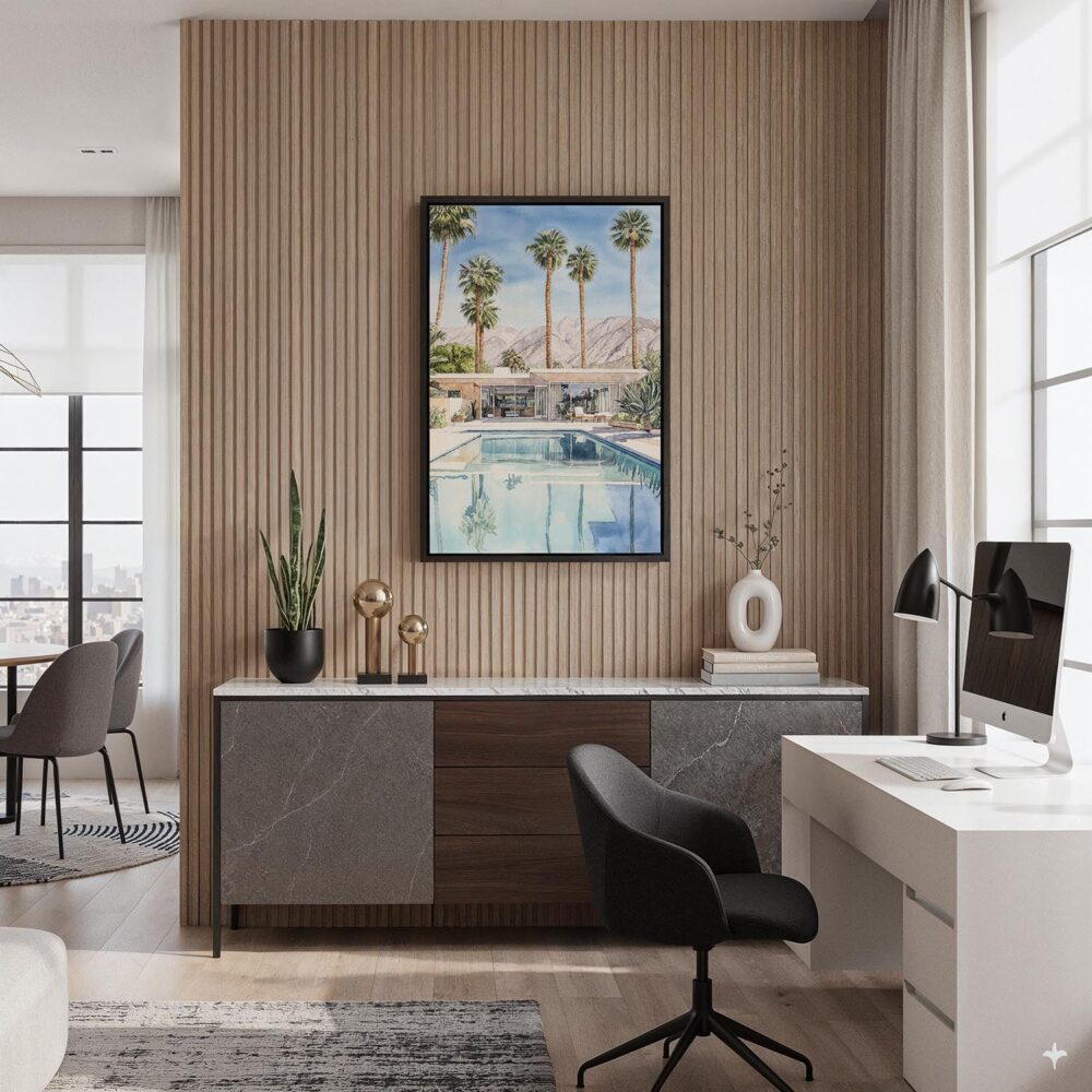 03 - Black Framed Palm Springs Pool Villa Watercolor Canvas Print - Home Office - Vertical.jpg 03 - Black Framed Palm Springs Pool Villa Watercolor Canvas Print - Home Office - Vertical.jpg
