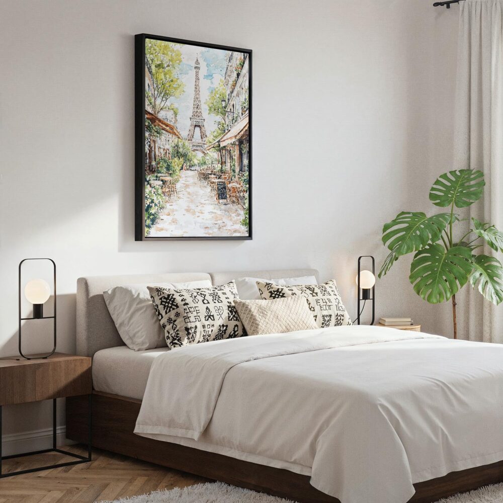 03 - Black Framed Paris Cafe street scene with eiffel tower Watercolor Canvas Print - Bedroom - Vertical.jpg 03 - Black Framed Paris Cafe street scene with eiffel tower Watercolor Canvas Print - Bedroom - Vertical.jpg