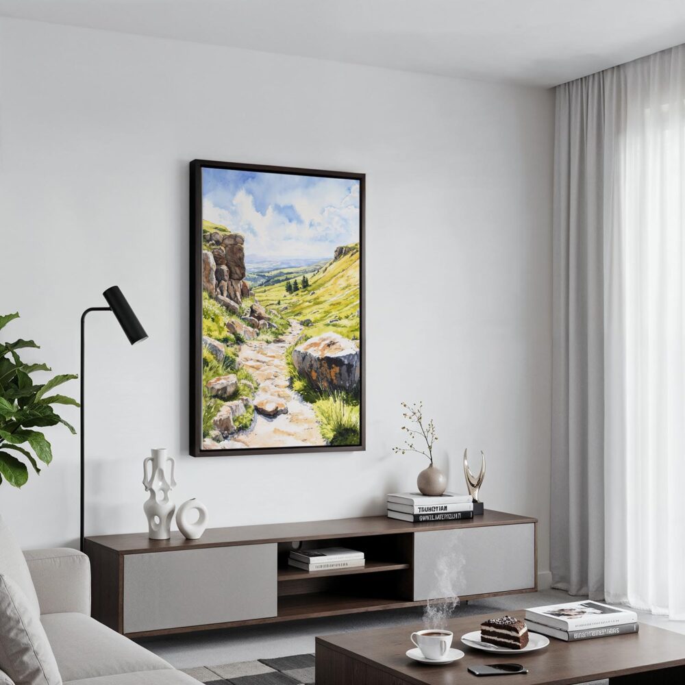 03 - Black Framed Peak District Watercolor Canvas Print - Contemporary Living Room - Vertical.jpg 03 - Black Framed Peak District Watercolor Canvas Print - Contemporary Living Room - Vertical.jpg