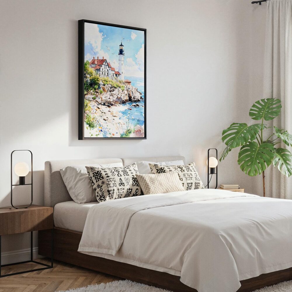 03 - Black Framed Portland Maine Watercolor Canvas Print - Bedroom - Vertical.jpg 03 - Black Framed Portland Maine Watercolor Canvas Print - Bedroom - Vertical.jpg