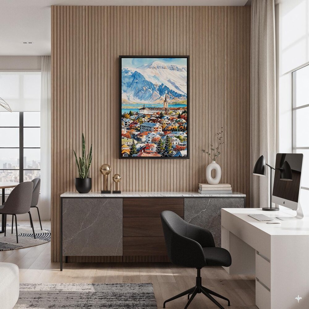 03 - Black Framed Reykjavik Watercolor Canvas Print - Home Office - Vertical.jpg 03 - Black Framed Reykjavik Watercolor Canvas Print - Home Office - Vertical.jpg