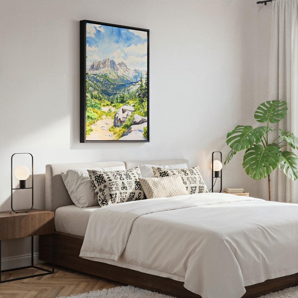 03 - Black Framed Rocky Mountains Watercolor Canvas Print - Bedroom - Vertical.jpg 03 - Black Framed Rocky Mountains Watercolor Canvas Print - Bedroom - Vertical.jpg