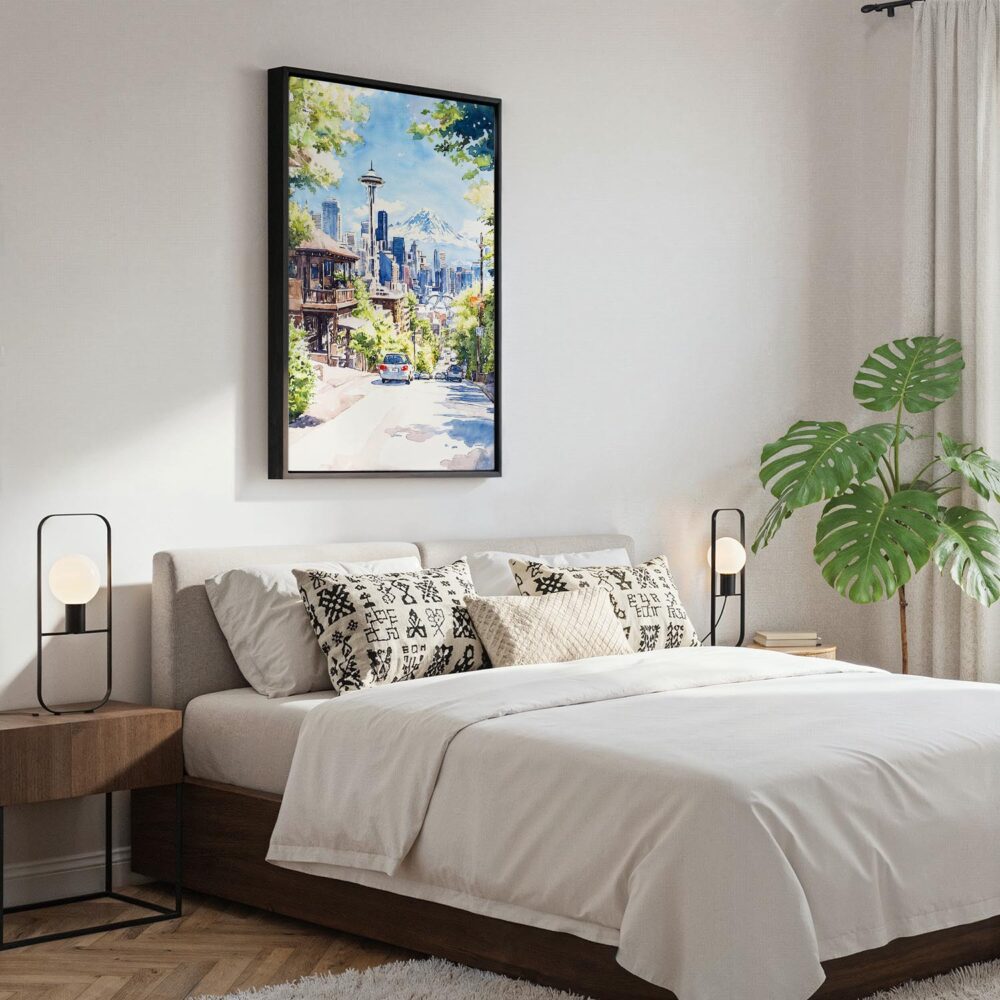 03 - Black Framed Seattle Skyline - Watercolor Canvas Print - Bedroom - Vertical.jpg 03 - Black Framed Seattle Skyline - Watercolor Canvas Print - Bedroom - Vertical.jpg