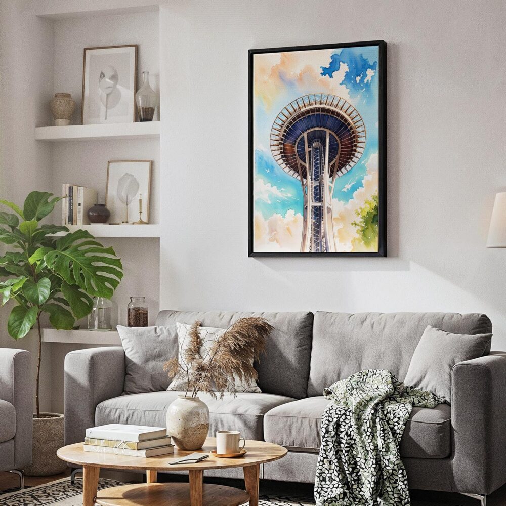 03 - Black Framed Seattle Space Needle Closeup Watercolor Canvas Print - Skandinavian Living Room - Vertical.jpg 03 - Black Framed Seattle Space Needle Closeup Watercolor Canvas Print - Skandinavian Living Room - Vertical.jpg