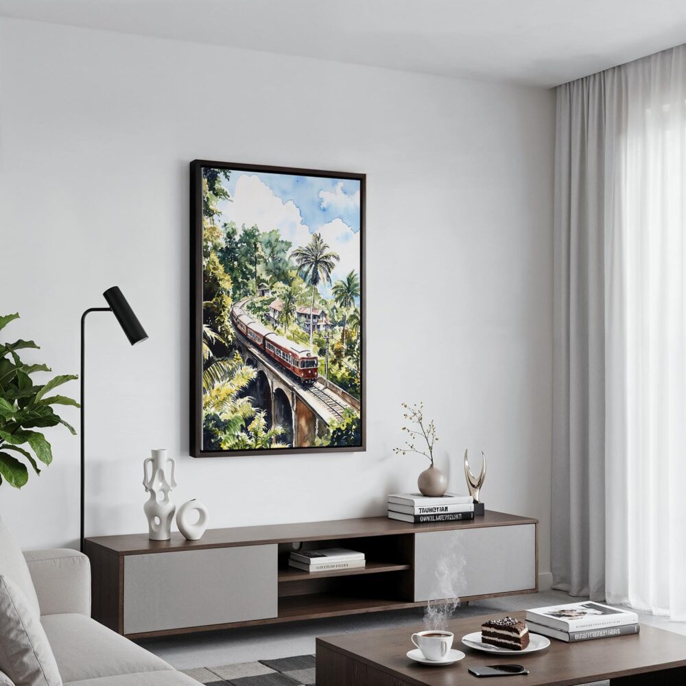 03 - Black Framed Sri Lanka Train Watercolor Canvas Print - Contemporary Living Room - Vertical.jpg 03 - Black Framed Sri Lanka Train Watercolor Canvas Print - Contemporary Living Room - Vertical.jpg